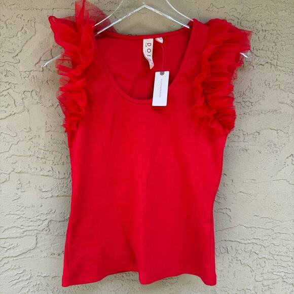 dolan Tops - Anthropologie Dolan Tank Top Red NWT Size XS Tulle Sleeve Ruffles Sleeveless